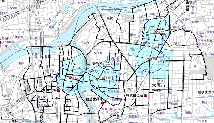 店舗の周辺0.5km圏内に配布