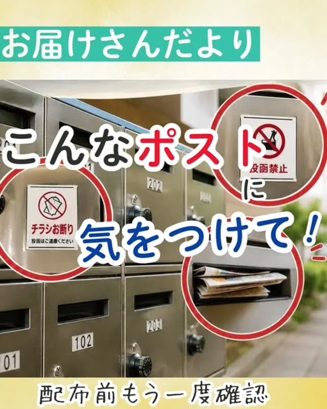 ＼ こんなポストに気をつけて！ ／
配布前にもう一度確認したいことー

🍀「チラシお断り」のステッカー、掲示がないかチェック✅
集合住宅では、数軒だけ「お断り」の場合もあります。
確実にポストインしていきましょう😊

🍀奥までしっかりとチラシを入れる✅
蓋が閉まるタイプは、チラシが挟りはみ出る場合も・・
破れる、濡れる恐れがあり、クレームに繋がることあります。
ポストの奥まで確実に入れるようにしましょう😊

🍀困った時はすぐ相談💬
判断に迷う時は一人で悩まず、気兼ねなくリーダー、社員に相談を✨
お届けさん一人ひとりの丁寧な配布が、地域への信頼に繋がっています。
これからも、安全第一でどうぞよろしくお願いいたします😊

＊＊＊　ポスティングスタッフ募集中　＊＊＊

北摂・大阪市内エリアで
チラシ配布スタッフ「お届けさん」を募集してます。
▼詳しくは
@rui_posting
プロフィールのリンク、ハイライト【スタッフ募集中】から♪
ハイライト【お届けさんの働き方】もぜひチェックを✅

 
#類宅配
#罠ポスト
#スキマ時間
#ポスティング
#お届けさん