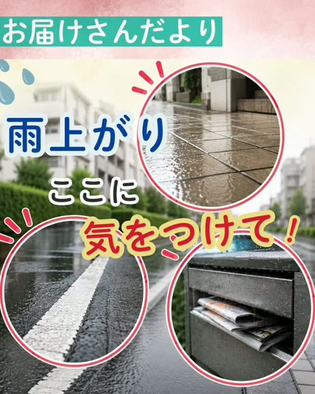 ＼ 雨上がりの配布で注意したいこと３選😊 ／

🍀濡れたタイルは要注意
マンションの入り口のタイルや、アパートの外階段が滑りやすくなっています。
普段よりゆっくり歩きましょう😊

🍀自転車は白線、水たまりに要注意
タイヤが取られやすいから、スリップしやすくなります。
ゆっくり走行を心掛け、急なブレーキは避けましょう😊

🍀ポストの水滴に要注意
雨上がりの盲点👀ポストって意外と乾きにくいんです。
入れる前にちょっとの確認✨蓋を開けるタイプは水の跳ね返りにも気を付けてくださいね。
水滴を拭くタオルを持つお届けさんもいらっしゃいますよ😊

雨上がりは、いつもより少しだけ慎重に。
安全第一で、無理なく配布をしていきましょう✨

＊＊＊　ポスティングスタッフ募集中　＊＊＊
北摂・大阪市内エリアで
チラシ配布スタッフ「お届けさん」を募集してます。
▼詳しくは
@rui_posting
プロフィールのリンク、ハイライト【スタッフ募集中】から♪
ハイライト【お届けさんの働き方】もぜひチェックを✅

 
#類宅配
#梅雨時期
#罠ポスト
#ポスティング
#お届けさん